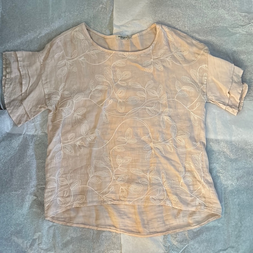 Valentina Naldi pink 100% linen embroidered short sleeve top size small.